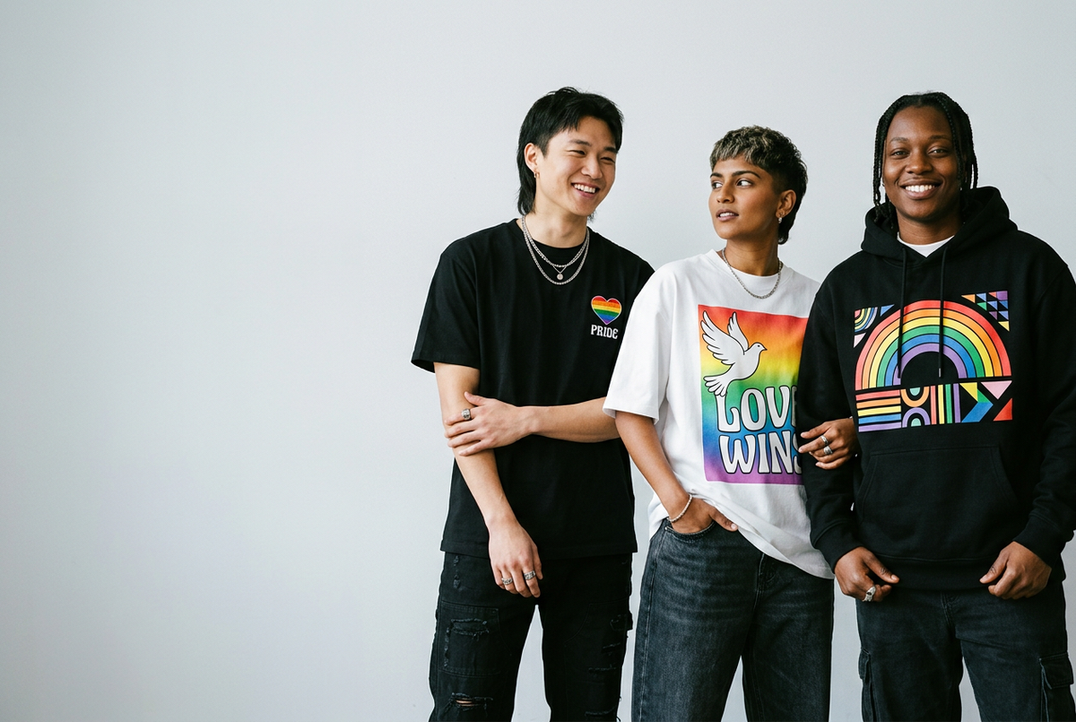 Models wearing Pride T-shirts and a hoodie